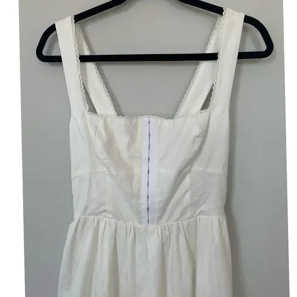 o.p.t Marina White Linen Midi Dress – Fitted Bodice w/ Lace Trim, Size 2 - Picture 5 of 10